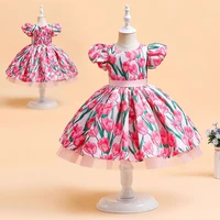 costume 2022 new girl vestido flower print puff sleeve princess dresses children kid mesh evening dress party dress 4 7 year old