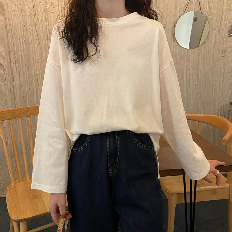

2022 Autumn Casual Long Sleeved T-shirt Women's Loose Sweet Solid Color Pullover Top Lady Korean Simple Basic Bottoming T shirts