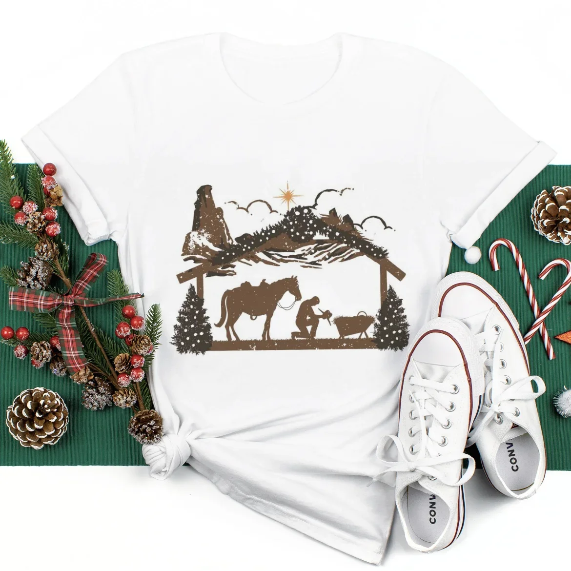 Футболка с короткими рукавами Молиться Ковбой Рождество Религиозный