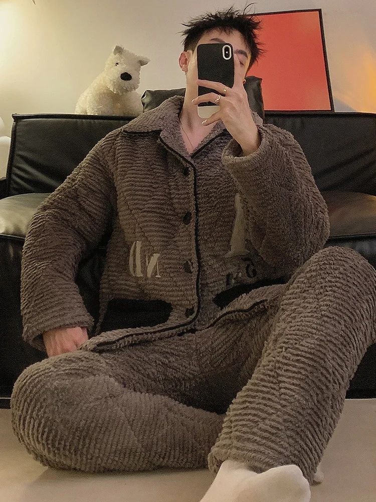 Мужские пижамы из кораллового флиса осенне-зимние утолщенные трехслойные