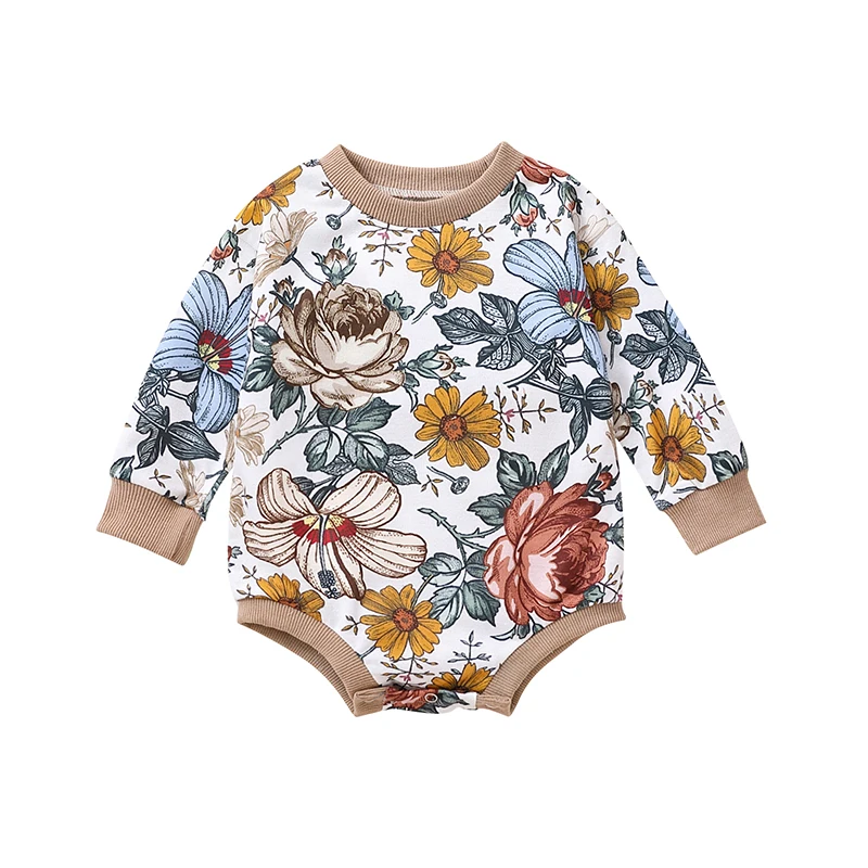 

Baby Girls Autumn Floral Prints Casual Ribbed Romper 0-24 Month Infants Long Sleeve O Neck Loose Floral Playsuits Short Jumpsuit