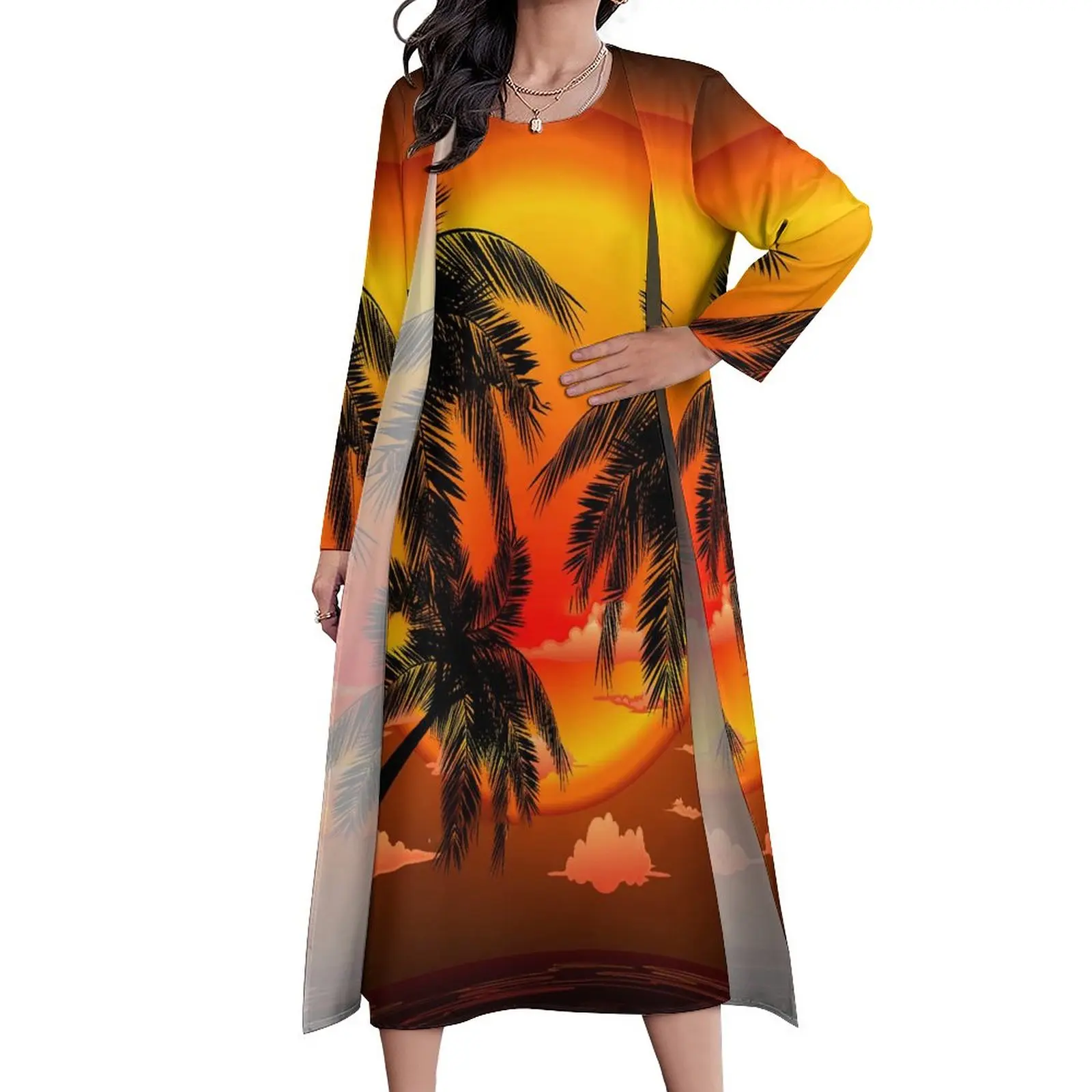 

Palm Trees Dress Long Sleeve Warm Topical Sunset Aesthetic Bohemia Long Dresses Female Party Maxi Dress Birthday Present