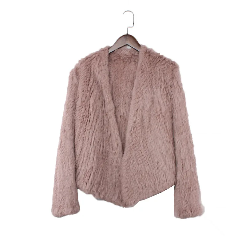 Real Rabbit Fur Knit Cardigan Coat Female Natural Handmade Irregular Collar Overcoat Rabbit Fur Jacket Knitted Outerwear Vest