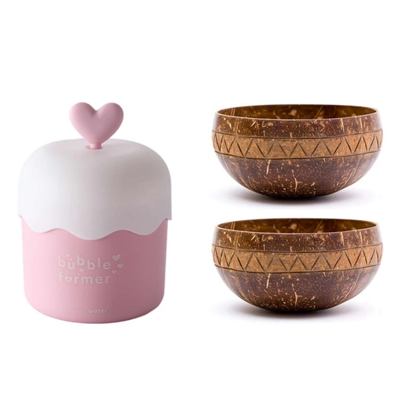 

Foam Cup Cleanser Device Whipped Bottle Unisex Hand Pressure Foaming Machine Pink & Handcarved Zigzag Coconut Bowl