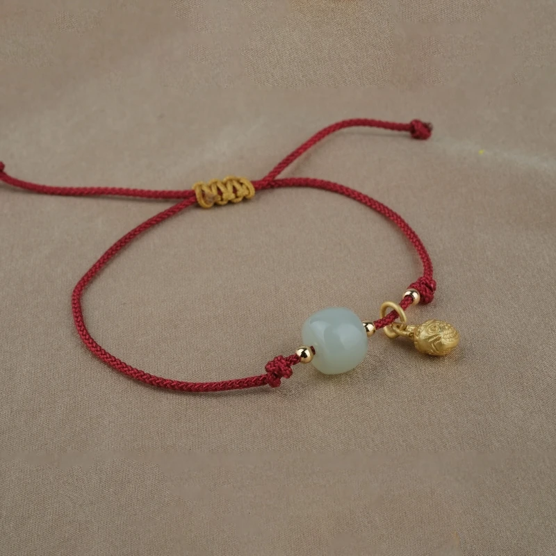 

Chinese Style 2022 New Red Hand-woven Rope Hetian Jade Pendant Bracelet for Women Fashion Gold Beaded Lucky Bracelet Jewelry