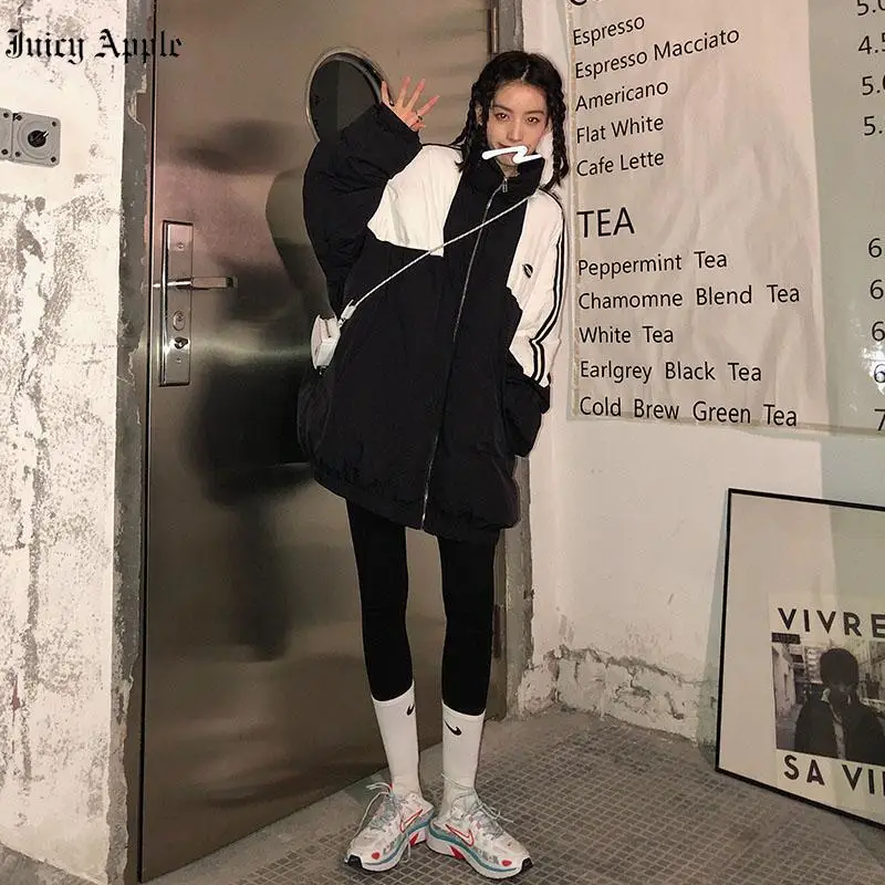 Winter Coat 2022 For Women Black Patchwork Casual Thicken Zippers Pockets Couple Loose Leisure Female Harajuku Streetwear Parkas