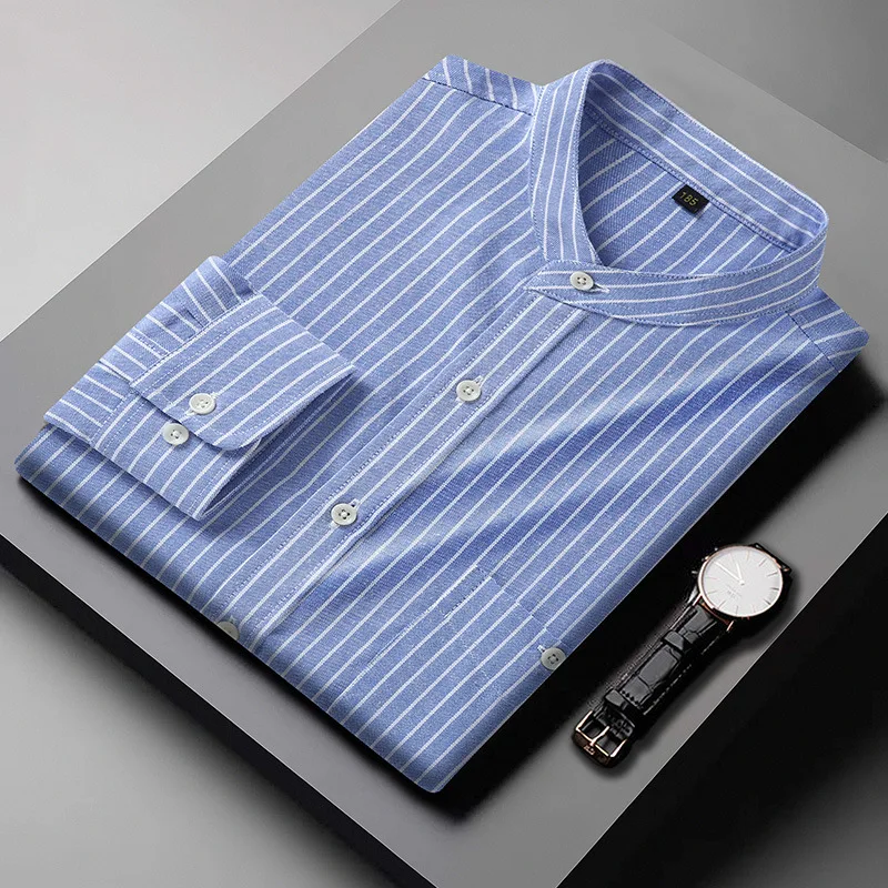 Mattswag Mens Blue White Stripe Couple Shirts High Quality Stand Collar Long Sleeve Shirts Casual Loose Business Camisas Hombre