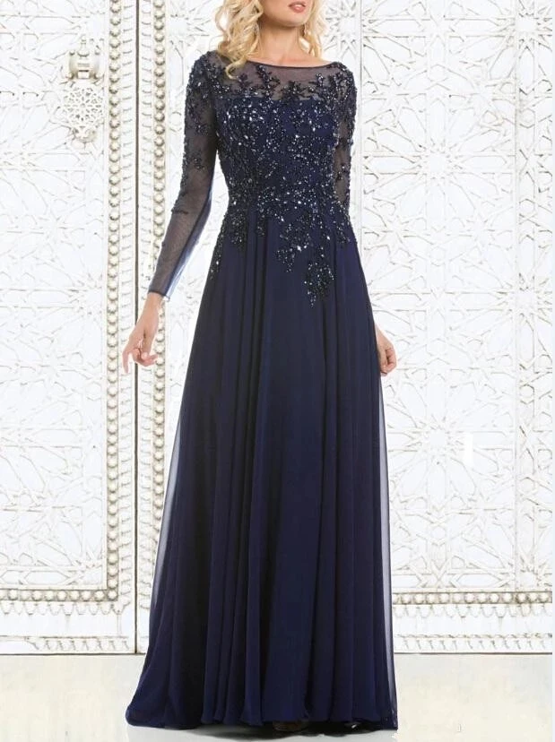 

Navy Blue Mother Of The Bride Dresses A-line Long Sleeves Chiffon Beaded Plus Size Long Groom Mother Dresses For Wedding