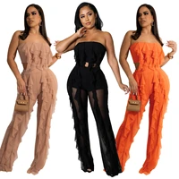 2022 spring hot new women wrap chest mesh 2 piece set see through sleeveless crop top bodycon pants party nightclub outfits