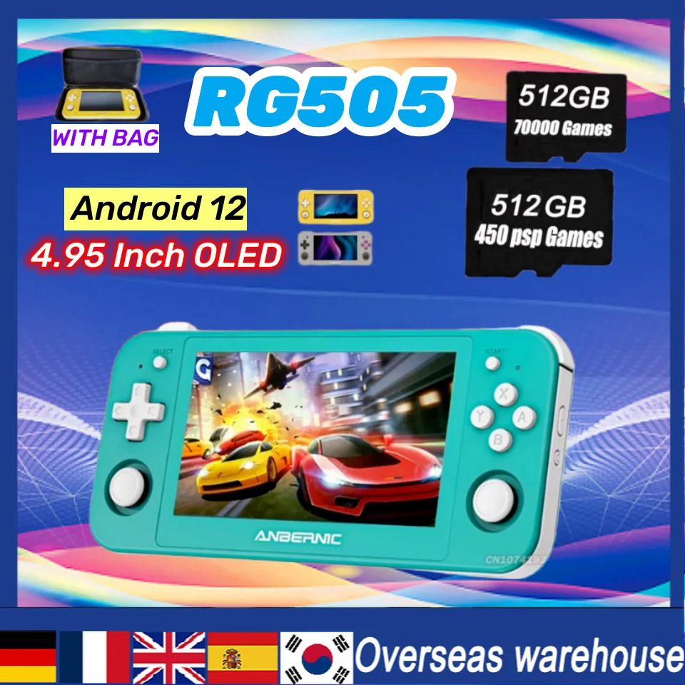 ANBERNIC RG505 RETRO Handheld Console Game Android12 System 4.95Inch OLED Touch Screen for Unisoc Tiger T618 512G 70000 Game PSP