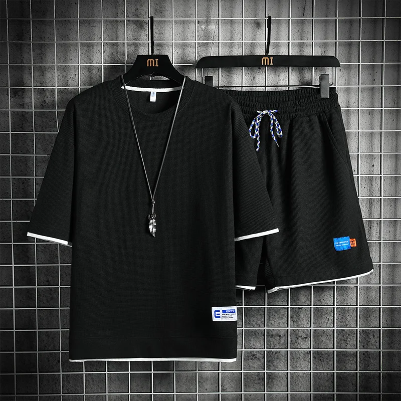Summer Waffle Men Sets Casual Loose Sports Two-Piece Fashion High-Quality Couples Suits Comfortable Breathable Short-Sleeved Set
