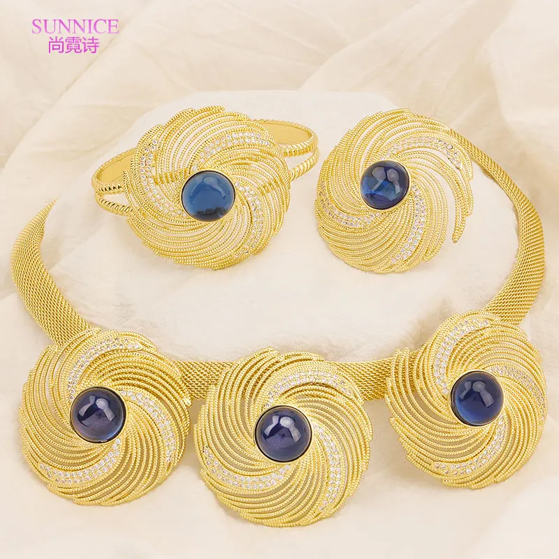 

SUNNICE Luxury Golden Plated Dubai Jewelry Blue Zircon Round Necklace Earrings for Women Rhinestone African Bracelet Rings Set