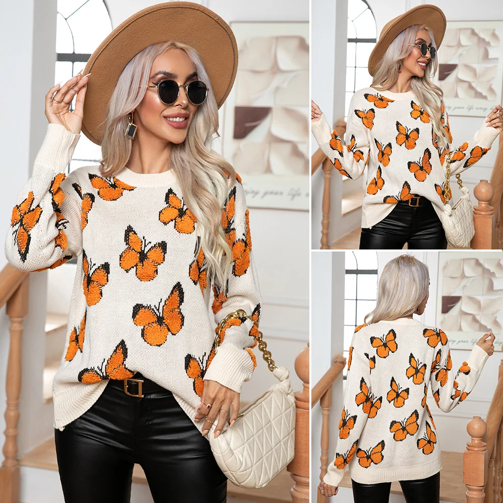 

Y2K Fashionable Shot Three-dimensional Butterfly Jacquard Pullover Women's Loose Autumn Winter Long Sleeve Sweater Female Tide