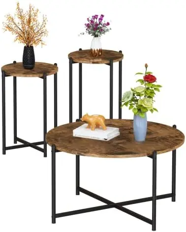 

Room Coffee Table Set, Faux Marble Living Room Table Set Modern Center Table with Metal Legs, Coffee Table of 3 Include 2-Tier C