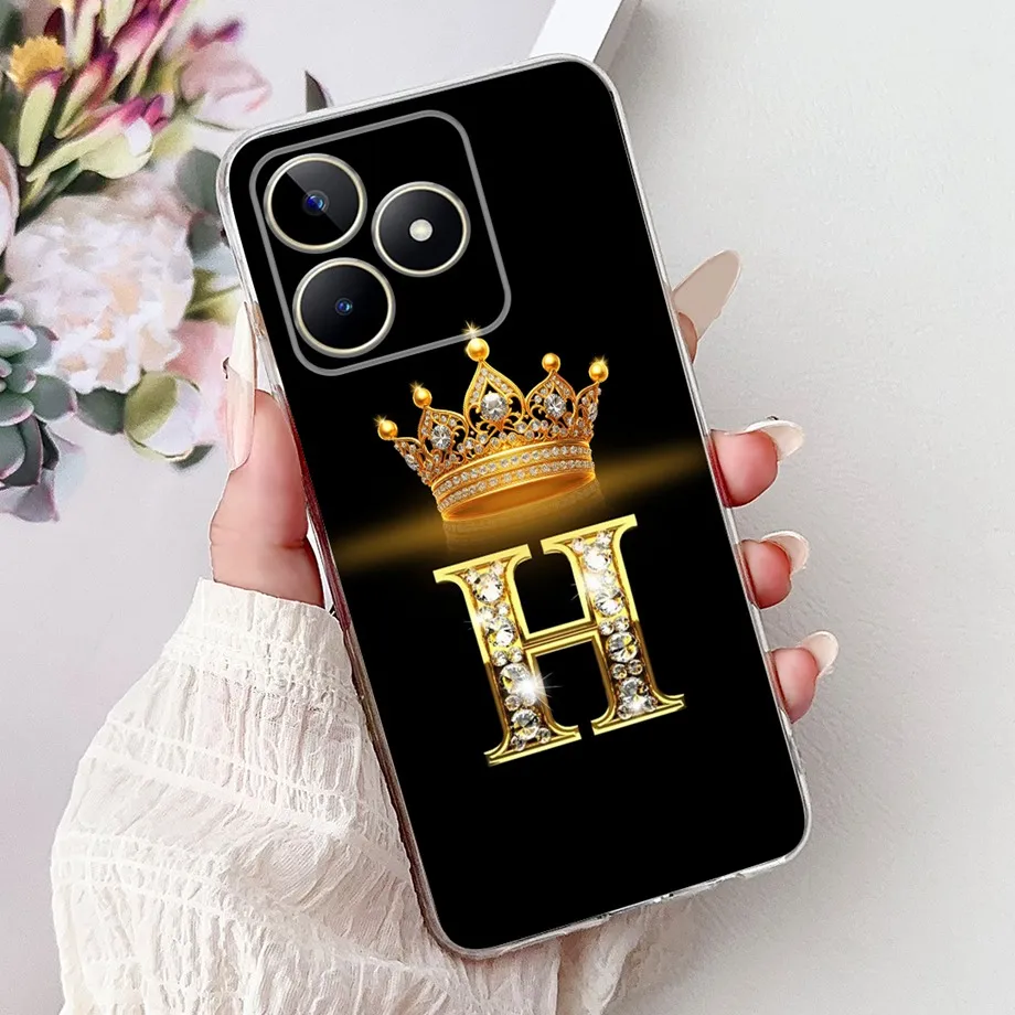 For Realme Note 50 Case RMX3834 Soft Silicone Phone Crown Letters Initials Cover C51 C53 RealmeC53 Back