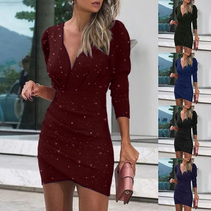 

Новое Сексуальное черное облегающее платье с длинным рукавом, женские элегантные мини-платья с глубоким V-образным вырезом и рюшами для веч...