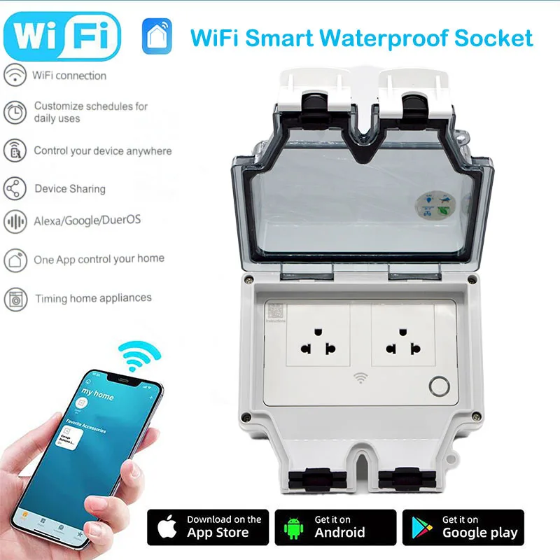 Nova Tomada Inteligente Ip66 à Prova Impermeável Água 86 tipo Interruptor ao ar Livre 13a Wifi Eua Padrão Power Jack App Controle Remoto com Vida Inteligente