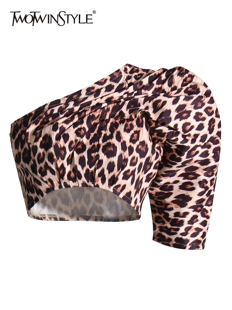 

Женская рубашка с леопардовым принтом TWOTWINSTYLE, Тонкая блузка с рукавами-фонариками и открытыми плечами, осенняя одежда 2022