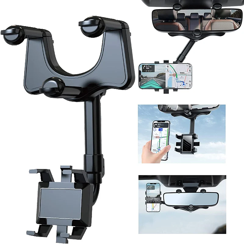 

360° Rotating Rearview Mirror Car Phone Holder Mobile GPS Mount Smartphone Stand Support Angle Adjustable Cellphone Hanging Clip