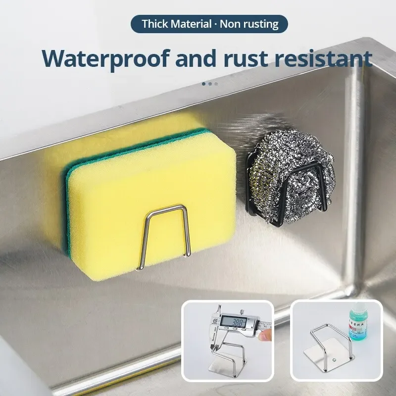 

Kitchen 304Stainless Steel Sink Shelf Sponges Storage Holde Adhesive Drain Drying Rack Wall Hooks Storage Organizer Accessories
