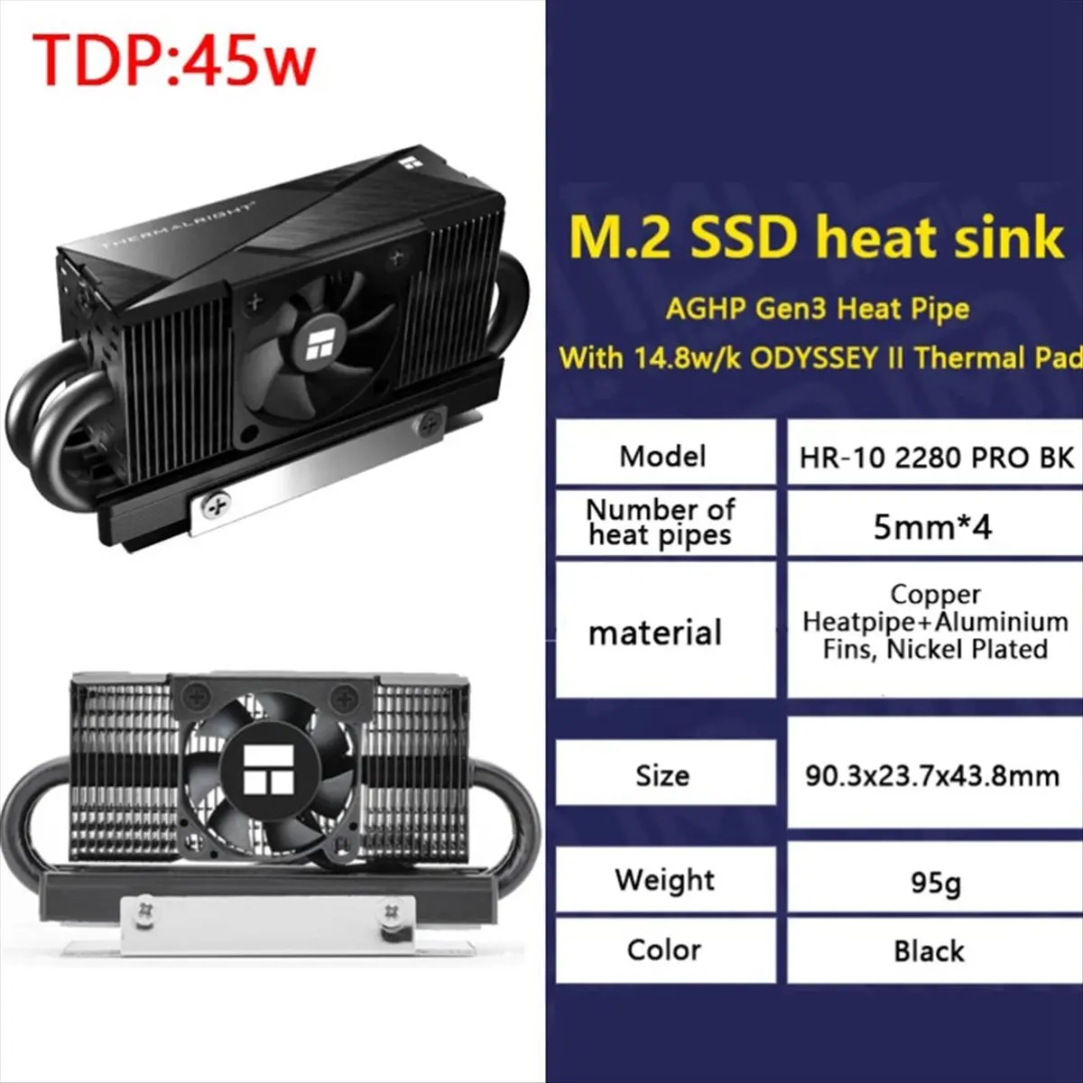 A40I -10 2280 State Drive Cooler 4-трубочный радиатор для SSD M.2 с интерфейсом PCI-E5.0 с 4-контактным PWM-вентилятором (черный) (art.: 3920dcd2a2128) - 3920dcd2a2128