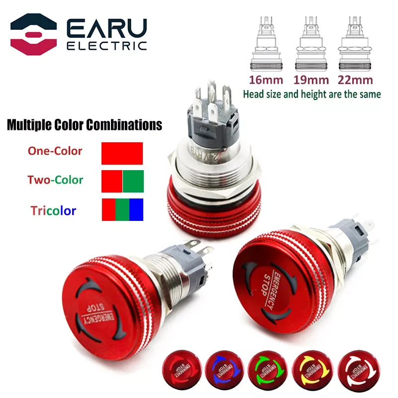 

16/19/22MM Mushroom Metal Emergency Stop Push Button Switch Triple Dual Color RGB LED Light Rotary Power Switch 5V 12V 24V 220V