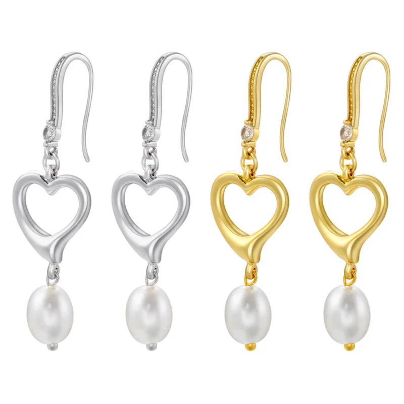 

A New Pair of Zirconia Hollow Heart Pearl Tassel Earrings Pearl Lady Ear Hook Brass Plated Real Gold Fashion Accessories