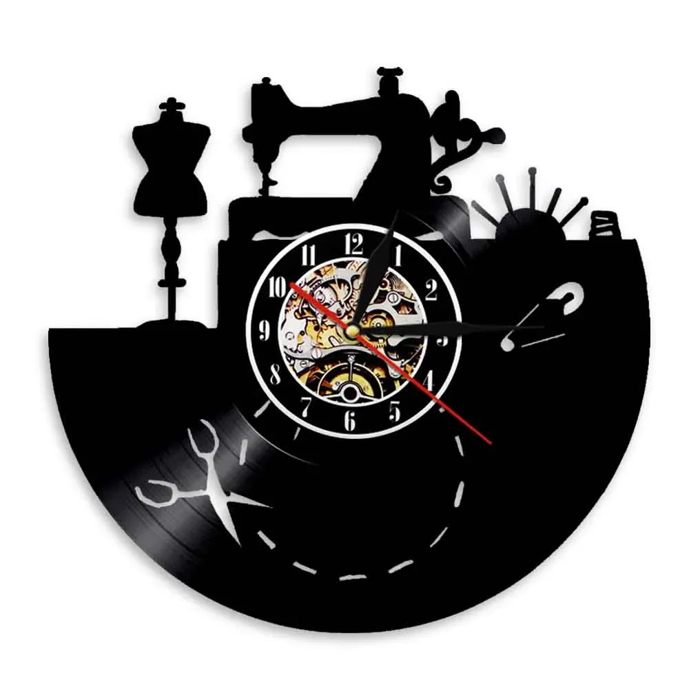 

Sewing Machine Vinyl Record Wall Clock Craft Room Wall Art Clocks Watch Sewing Design Gramophone for Seamstress Vintage Decor