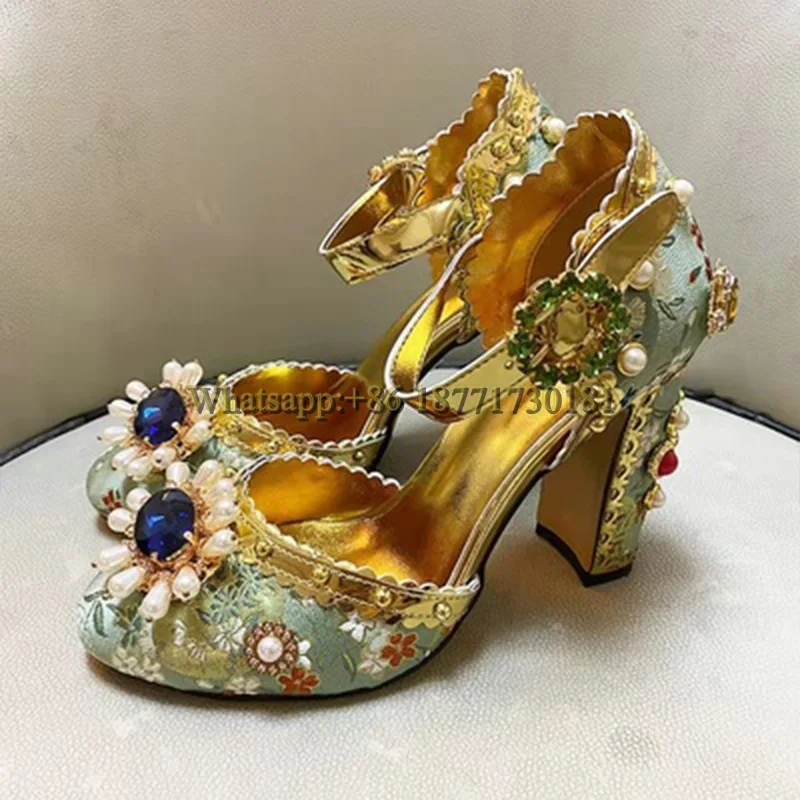 

Туфли-лодочки Стразы с жемчугом и вышивкой из зеленых драгоценных камней, весна-лето-осень 2022, женские свадебные туфли с красным круглым нос...