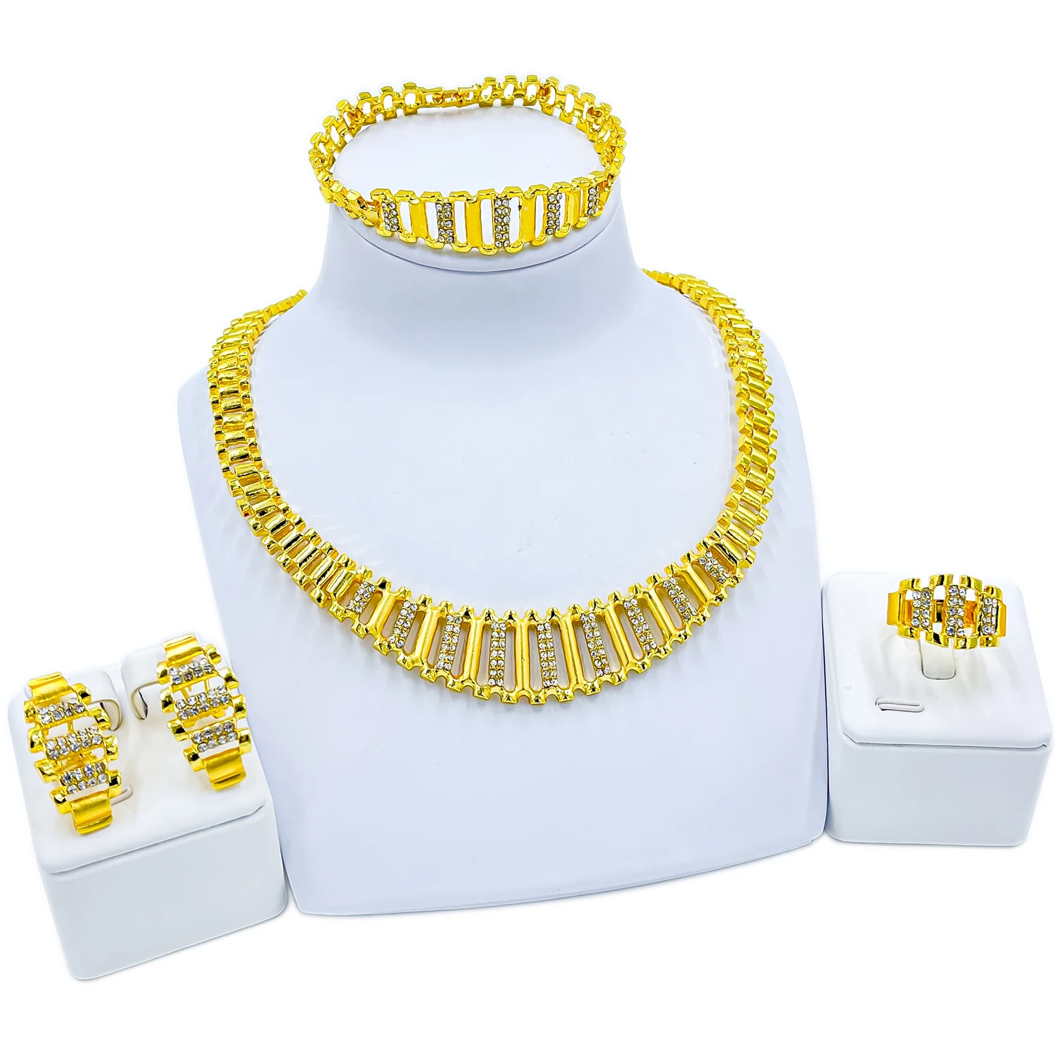 

Dubai Crystal Necklace Bracelet Charm Women Dance Party Fashion Jewelry Set Stud Earrings Ring Bridal Wedding Accessories