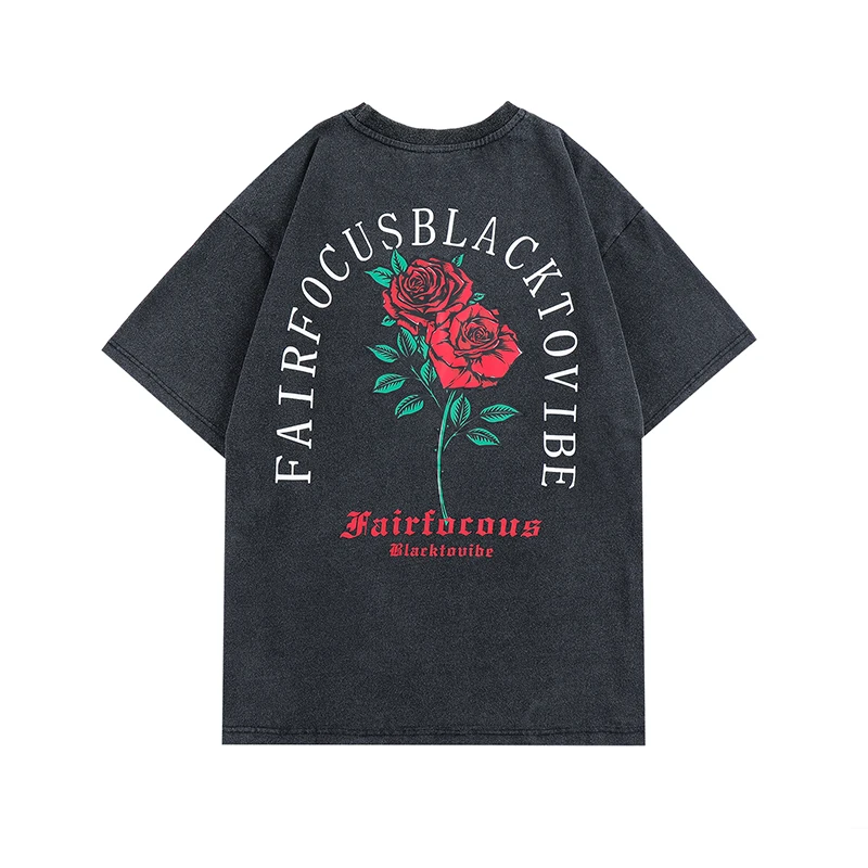 

Hip Hop Washed Retro Rose Letter Embroidery Cotton Summer T Shirts for Men and Women Short Sleeve Oversized Casual Top Tees