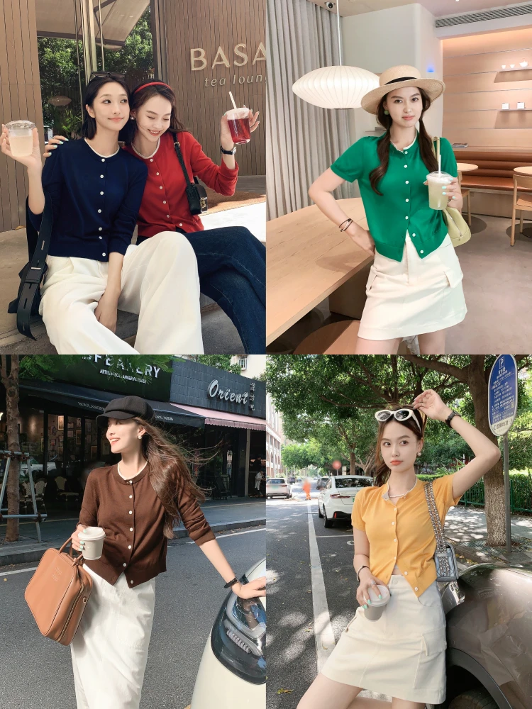 Meiyang [на складе] Триацетатный кардиган из киновари с кротом | Топ круглым вырезом