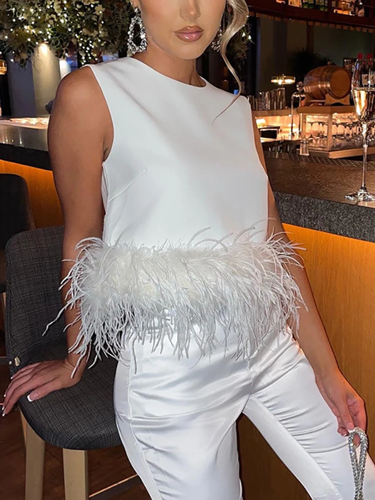 

Майка Taruxy женская с перьями, элегантный белый Приталенный жилет без рукавов, укороченный топ, уличная одежда, Y2K, на лето
