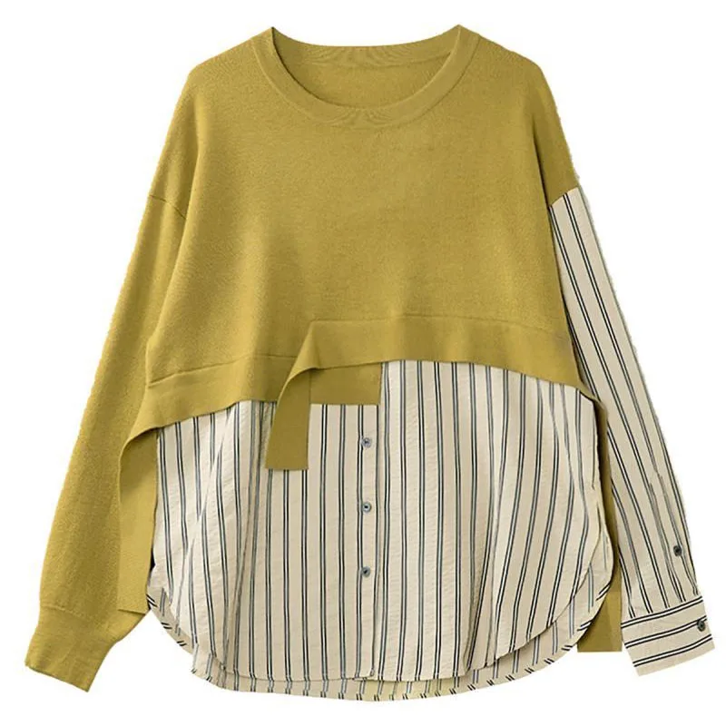 Модная полосатая блузка из двух частей с О-образным вырезом и соединением