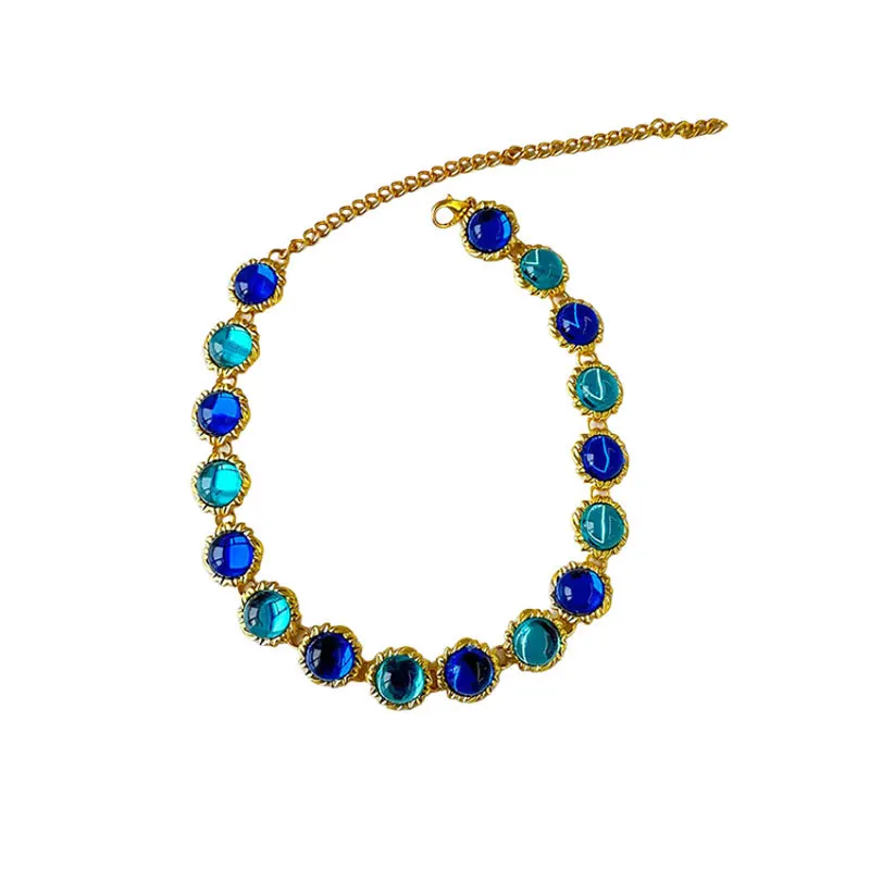 Medieval Retro Neckchain Necklace Vintage Big Blue Beaded Chain Choker Necklaces for Women French Necklace Collar Jewelry Party