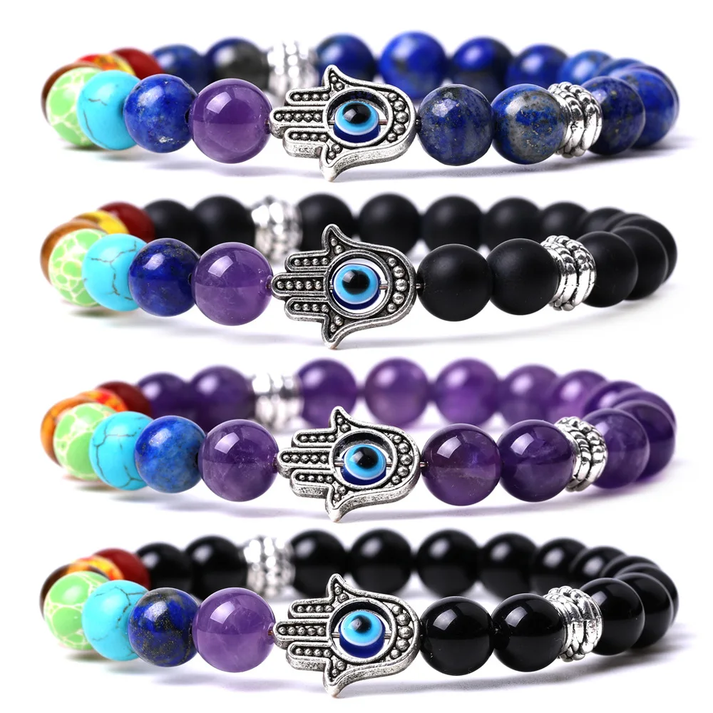 

Natural 7 Color Quartz Spar Strand Bracelets Mala Evil Eye Wristband For Men & Women Hamsa Fatima Hand Palm Bracelet & Bangle