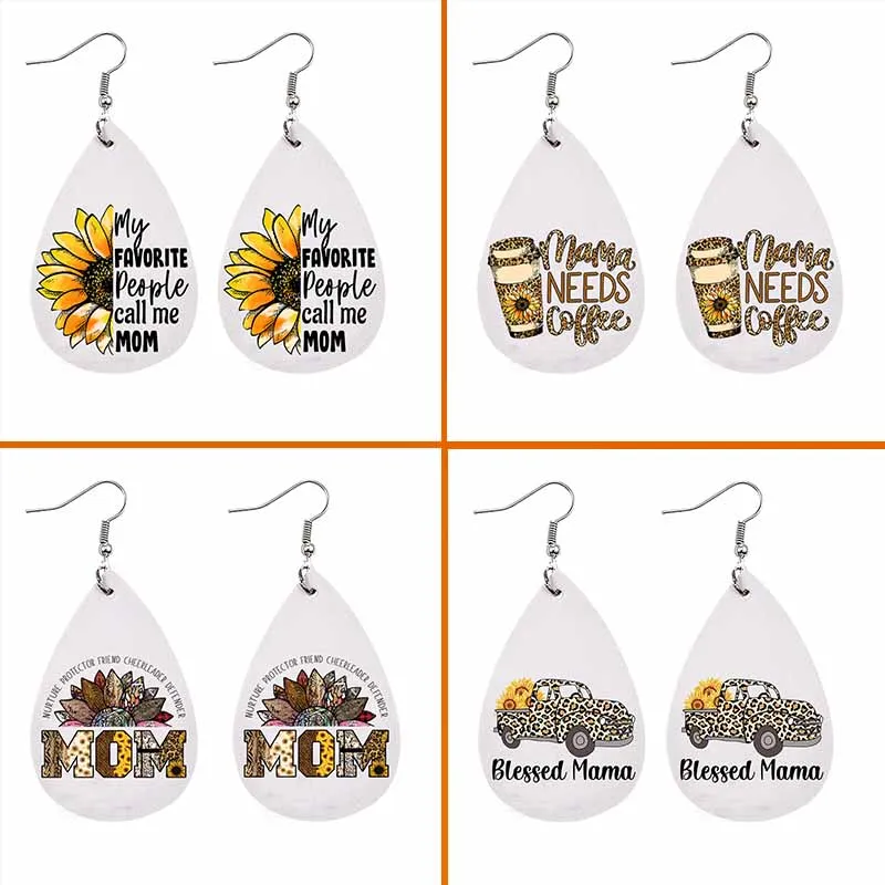 

New Mother's Day Earrings Mama Leopard Leather Car Drop Earrings Mama Baby Bear Pendant Mom Letter Ear Rings Gift Wholesale