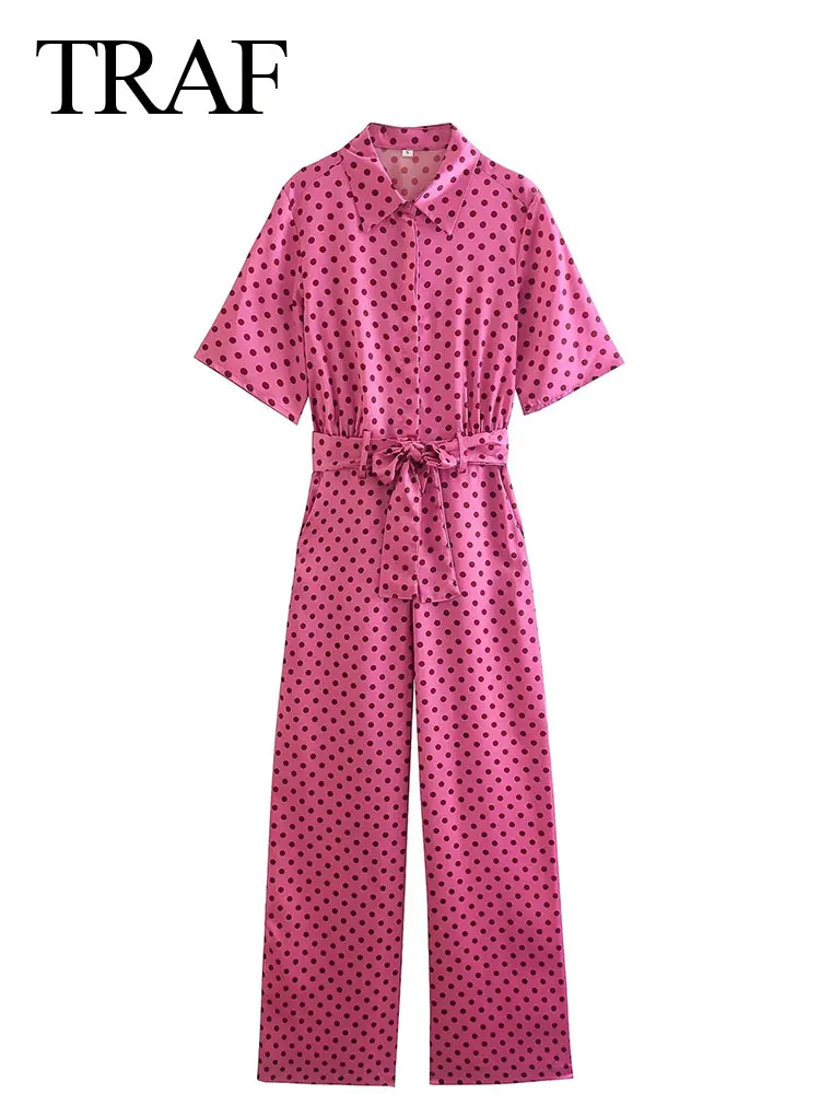 

TRAF Women's Polka Dot Pink Jumpsuits Lapel Half Sleeve Belt Slim Romper Elegant Female Fashion Streetwear Casual Clothing