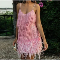 spaghetti sexy bodycon stitching evening mini dresses sequin tassel feather women fashion strap party club elegant dress 2022