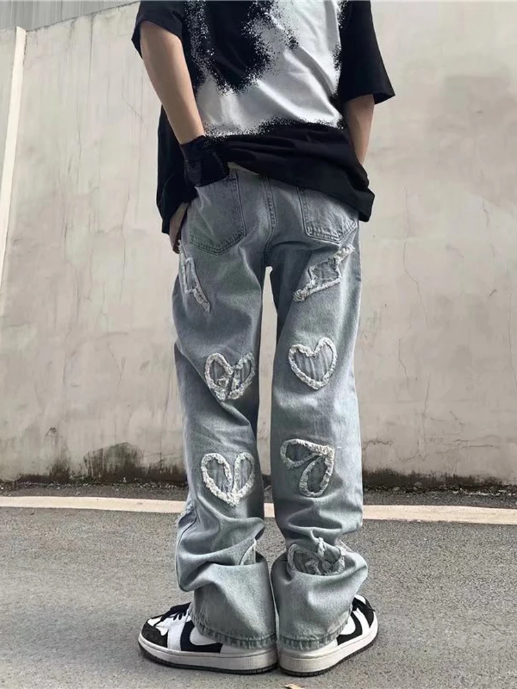 Street Hip -hop Men's Light Blue Y2k Jeans Loose Straight Old -fashioned Leisure Pants Hip -hop Street Clothing Designer Pants