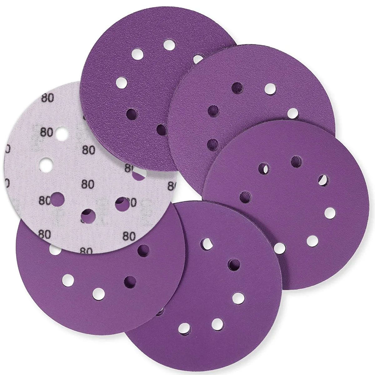 

50Pcs Sanding Disc Pads 5 Inch 8 Hole Alumina Sanding Pad Purple 80-2000 Grit Hook Loop Sanding Papers for Metal Wood Glass