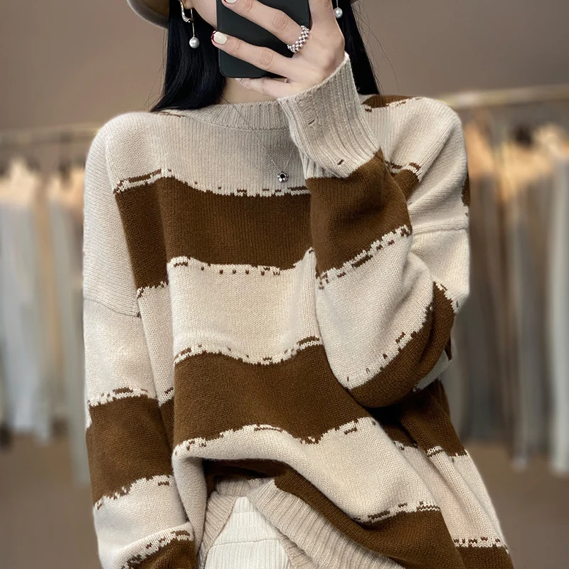 Round Neck Color Matching Thick Sweater Autumn And Winter New Knitted Sweater Korean Version Loose Slim Bottoming Shirt