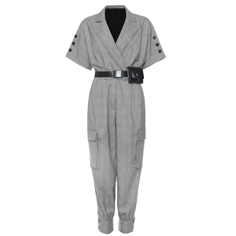 

Casual Work Office Women Jumpsuit Spring Summer Fashion Overall Loose Plaid Long Playsuit Lace Up Sashes Jumpsuit Rompers New