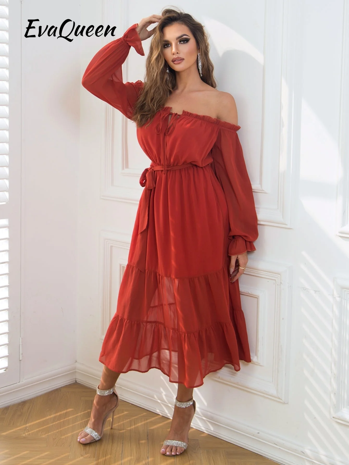 

EvaQueen Off Shoulder Knot Front Flounce Sleeve Ruffle Hem Belted Mesh Dress