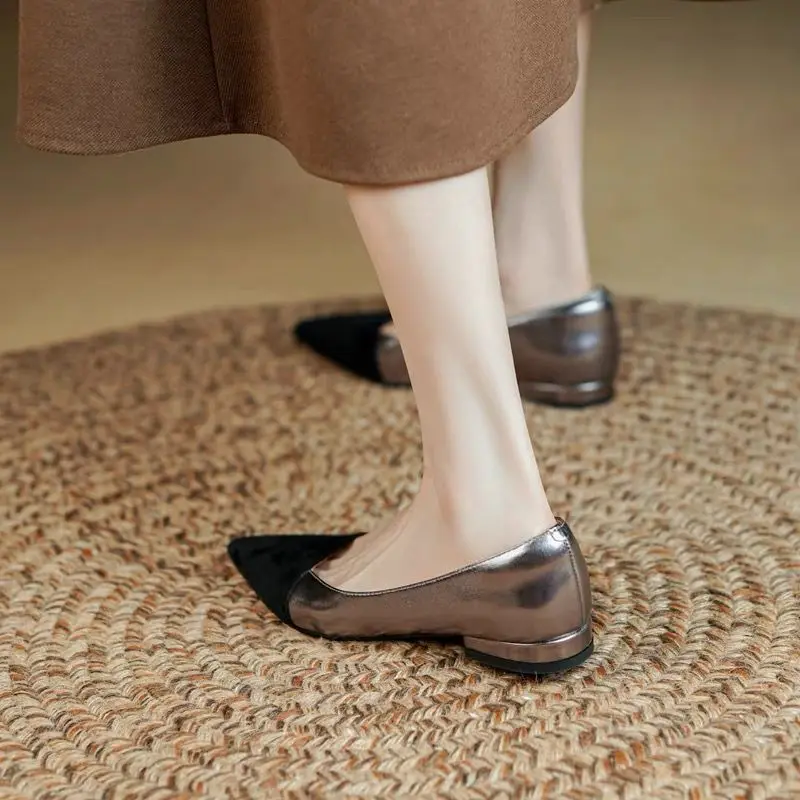 Ladies Dress Shoes Women's Flats Black Toe Boat Shoes Pointed Toe Slip on Flat Shoes for Female Sliver Shallow