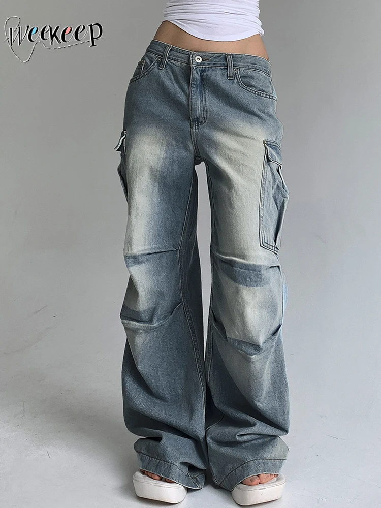 

Weekeep y2k Loose Denim Cargo Pants Low Rise Big Pockets Stitched Streetwear Women's Jeans Korean Fashion Casual Retro Mom Jeans