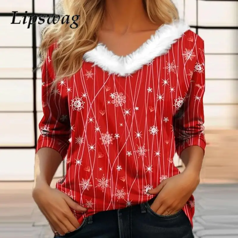 

Women Elegant Fleece V-Neck Holiday Versatile Blouse Casual Commuter Warm Top Fashion Snowflake Christmas Long Sleeve Pullover