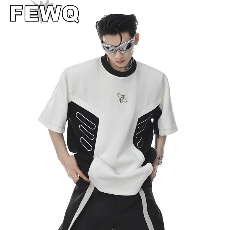 

FEWQ Men Trendy T-shirts Contrast Color Splicing Shoulder Pad Tee Fashion Male Short Sleeve Metal Printing Tops Summer New 9C192