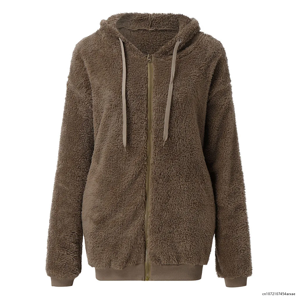 

Long Sleeve Side Pockets Fleece Coat Double Sided Velvet Hooded Drawstring Plush Jacket Coat for Daily Wear