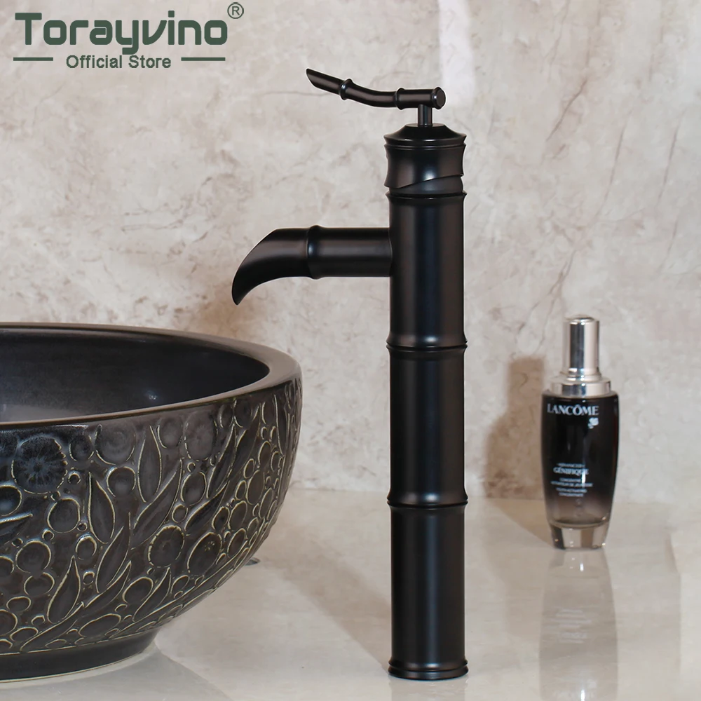 

Torayvino Black Bamboo Bathroom Faucet Basin Sink Deck Mounted Waterfall Spout Faucet Single Handle Single Hole Mixer Water Tap